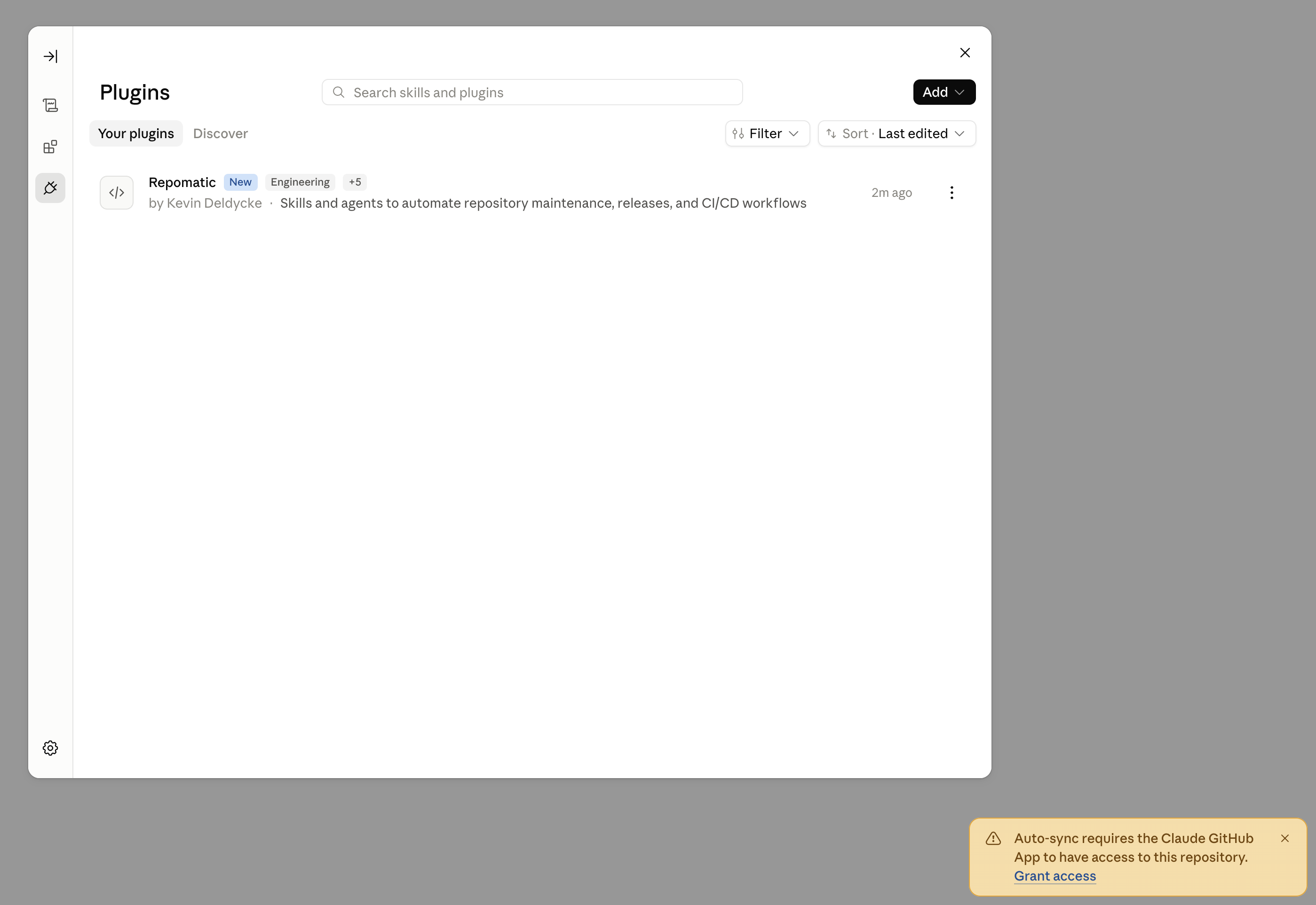 A warning reading "Auto-sync requires the Claude GitHub App to have access to this repository", with a Grant access link