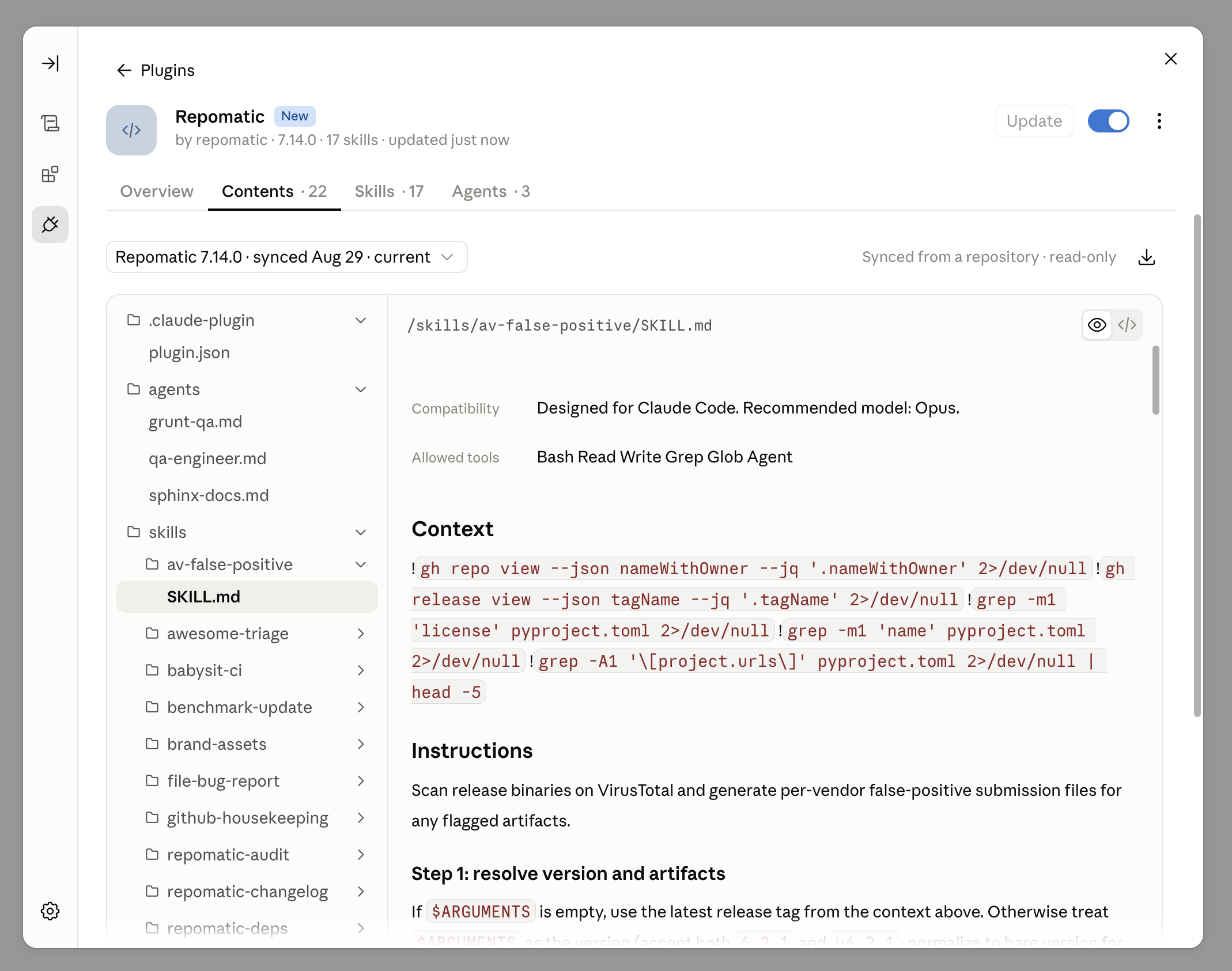 The installed plugin's Contents tab, listing plugin.json, three agents and seventeen skill folders